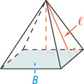 A pyramid has a square base with area B and four triangular lateral faces, with slant heights l.