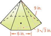 A pyramid has a hexagonal base with sides of 6 inches and apothem 3 radical 3 inches and six triangular lateral faces with slant heights 9 inches.