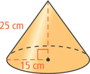 A cone has base radius 15 centimeters and slant height 25 centimeters.