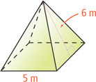 A pyramid has slant height 6 meters and square base with sides of 5 meters.