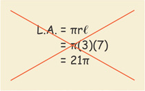 An incorrect calculation reads L.A. =  pi r l =  pi (3)(7) = 21 pi .