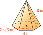 A pyramid has slant height 8 meters and hexagon base with apothem 2 radical 3 meters and sides 4 meters.