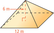 A pyramid has height 6 meters and square base with sides of 12 meters.