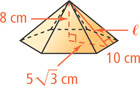 A pyramid has height 8 centimeters, slant height l, and hexagonal base with apothem 5 radical 3 centimeters and sides 10 centimeters.