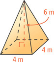 A pyramid has height 6 meters and square base with sides 4 meters.