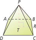 A pyramid has base ABCD with center T, height PT, and slant height PR.