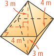 A figure has two pyramids sharing a square base with sides 4 meters, one with vertex above and one with vertex below, each with height 3 meters.