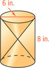 A cylinder with height 8 inches and base diameter 6 inches has cones with bases at each base of the cylinder and vertices meeting in the center.