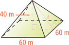 A pyramid has height 40 meters, slant height l, and square base with sides 60 meters.