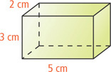 A prism has height 3 centimeters and rectangular bases with length 5 centimeters and width 2 centimeters.