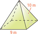 A pyramid has slant height 10 meters and square base with sides 9 meters.
