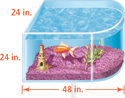 An aquarium with height 24 inches and length 48 inches is shaped like a rectangular prism of width 24 inches to the left of the right half of a right cylinder.