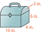A lunch box is composed of a rectangular prism with length 10 inches, width 6 inches, and height 6 inches, with a half a cylinder on top right radius 3 inches.