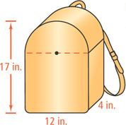 A backpack with height 17 inches is composed of a rectangular prism with length 12 inches and width 4 inches, with half of a cylinder spanning the top, with diameter as the length of the rectangular prism.