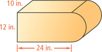 A figure is composed of a rectangular prism with length 24 inches, width 10 inches, and height 12 inches, with half a right cylinder on its left side with diameter has the height of the prism.