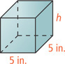 A rectangular prism has length 5 inches, width 5 inches, and height h.