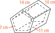 A box has outer shell with height 14 centimeters between pentagonal bases of sides 10 centimeters and inner shell with height 11 centimeters between pentagonal bases of sides 7 centimeters.