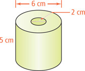 A right cylinder with height 5 centimeters and diameter 6 centimeters has a cylindrical hole with diameter 2 centimeters.