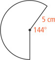 A circle with radius 5 centimeters has a sector at angle 144 degrees with the opposite sector cut out.