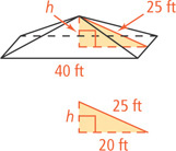A square pyramid with base edges 40 feet has height h, slant height 25 feet, and radius forming a right angle, with legs h and 20 feet and hypotenuse 25 feet.