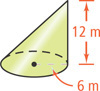 An oblique cone has height 12 meters and base radius 6 meters.