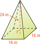 A pyramid has height 24 meters and square base with edges 16 meters.