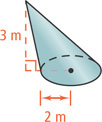 An oblique cone has height 3 meters and base radius 2 meters.
