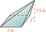 An oblique pyramid has height 7.5 inches and square base with edges 7 inches.
