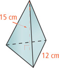 A pyramid has height 15 centimeters and triangular base with edges 12 centimeters.