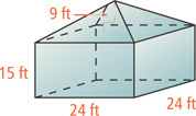 A figure has a rectangular prism on bottom with length and width 24 feet and height 15 feet, with a pyramid spanning the top side with height 9 feet.
