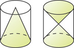 One cylinder contains a cone spanning its bottom base with vertex at the top base. Another cylinder contains two cones spanning each base with vertices meeting in the center.
