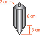 A plumb bob is composed of a regular hexagon prism with base edges 2 centimeters and height 6 centimeters, with a pyramid of height 3 centimeters spanning the bottom base.