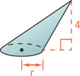 An oblique cone has height measuring 4 and base radius measuring r.