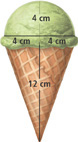An ice cream cone has height 12 centimeters and radius 4 centimeters, with a hemisphere ice cream scoop on top with radius 4 centimeters.