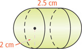 A figure is composed of a cylinder with radius 2 centimeters and height 2.5 centimeters with a hemisphere spanning each base.