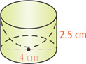A figure is a cylinder with diameter 4 centimeters and height 2.5 centimeters, with a hemisphere removed from the top base extending down to the center of the bottom base.