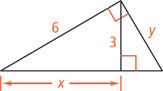 A right triangle has legs measuring 6 and y. An altitude line from the right angle meets the hypotenuse at distance x from the leg measuring 6.