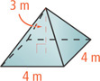 A pyramid has height 3 meters and square base with edges 4 meters.