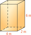 A rectangular prism has height 6 meters and rectangular base with length 4 meters and width 2 meters.