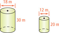 A cylinder has height 30 meters and diameter 18 meters. A smaller cylinder has height 20 meters and diameter 12 meters.