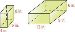 A rectangular prism has height 8 inches and base 4 inches by 6 inches. A larger rectangular prism has height 6 inches and base 9 inches by 12 inches.