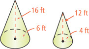 A cone has height 16 feet and radius 6 feet. A smaller cone has height 12 feet and radius 4 feet.