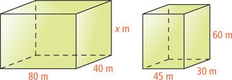 A rectangular prism has height x meters and base 40 meters by 80 meters. A smaller rectangular prism has height 60 meters and base 30 meters by 45 meters.