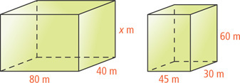 A rectangular prism has height x meters and base 40 meters by 80 meters. A smaller rectangular prism has height 60 meters and base 30 meters by 45 meters.