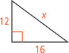 A right triangle has legs measuring 12 and 16 and hypotenuse measuring x.