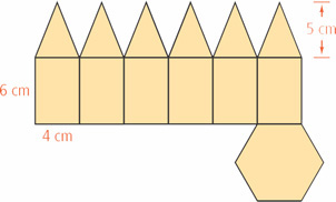 A net has a row of six rectangles with length 4 centimeters and height 6 centimeters, with a triangle of height 5 centimeters spanning the top of each rectangle, and a hexagon spanning the bottom of the rightmost rectangle.