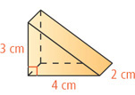 A prism has height 2 centimeters between right-triangular bases with legs measuring 3 centimeters and 4 centimeters.