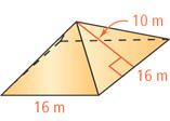 A pyramid has slant height 10 meters and square base with sides 16 meters.