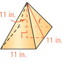 A pyramid has height 11 inches, slant height l, and square base with sides 11 inches.