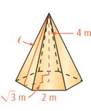 A pyramid has height 4 meters, slant height l, radius radical 3 meters, and hexagonal base with sides 2 meters.